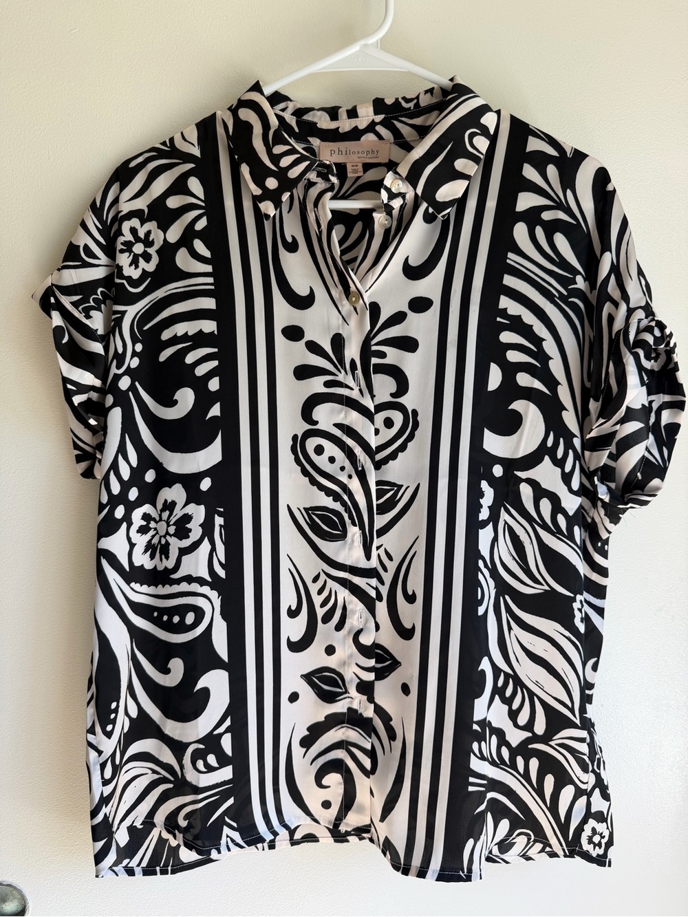 Philosophy Black and White Floral-Stripe Button Down Top